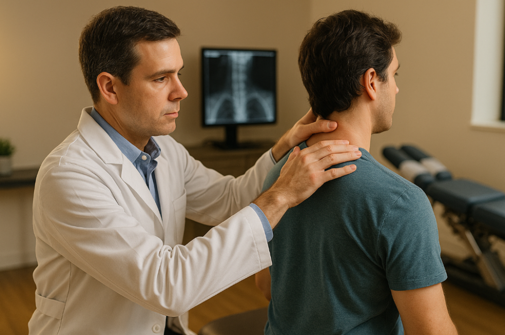Chiropractor in Boca Raton assessing a patient’s spine for subluxation symptoms.