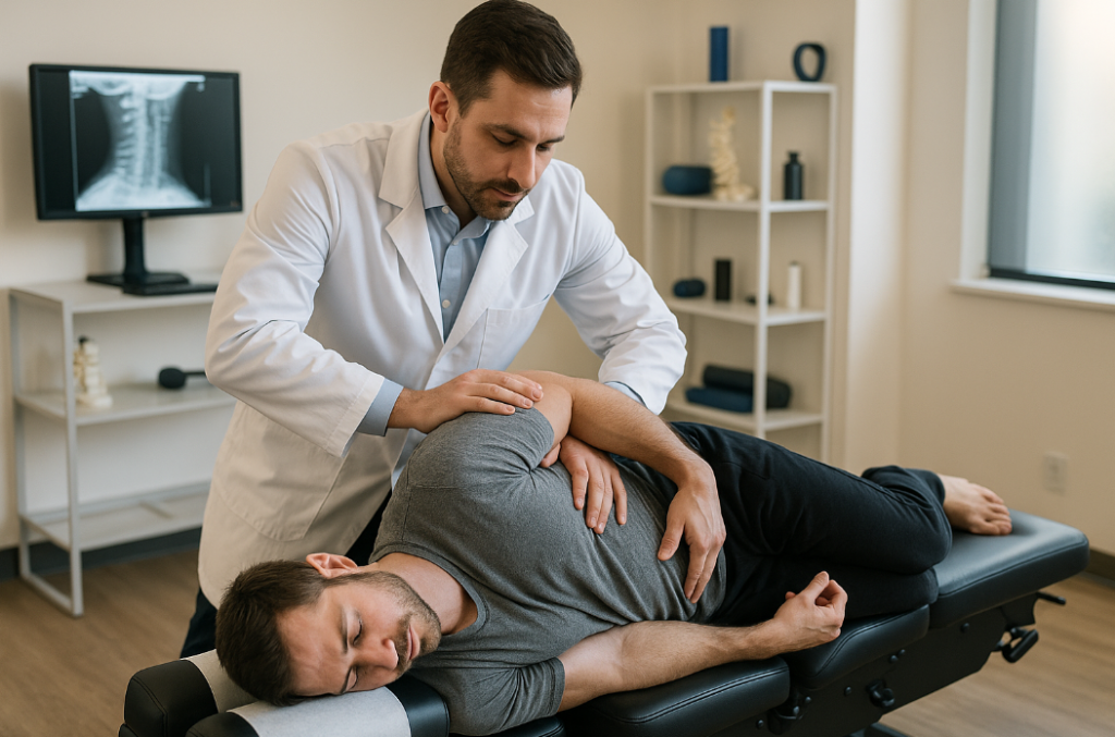 Chiropractor in Boca Raton performing a corrective spinal adjustment on a patient.